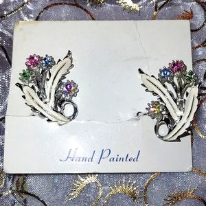 Vintage Clip Earrings Hand Painted Enamel